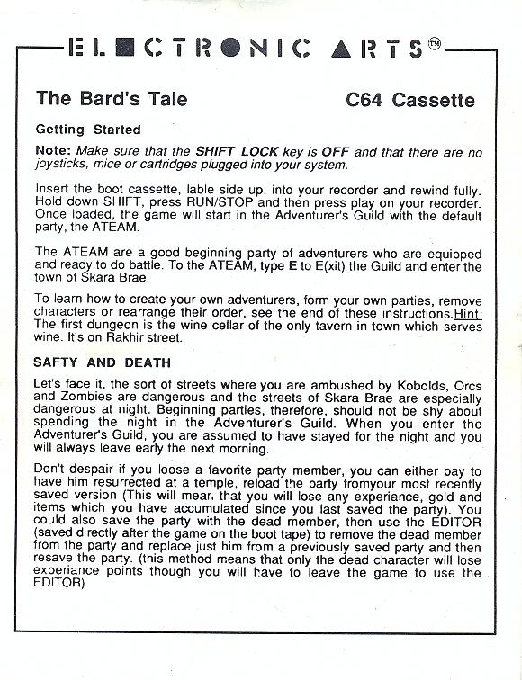 The Bard's Tale Getting Started Guide page 1