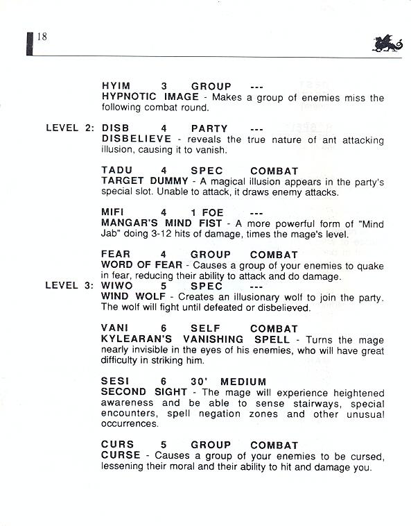 The Bard's Tale manual page 18