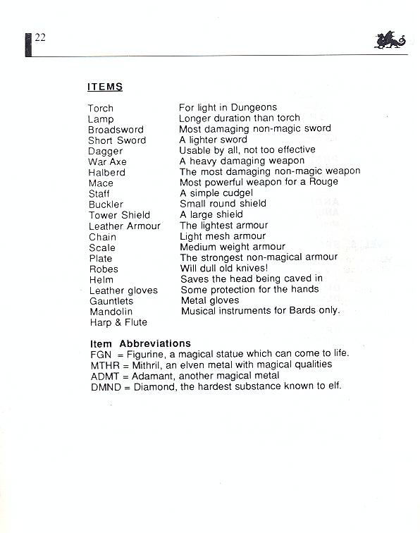 The Bard's Tale manual page 22