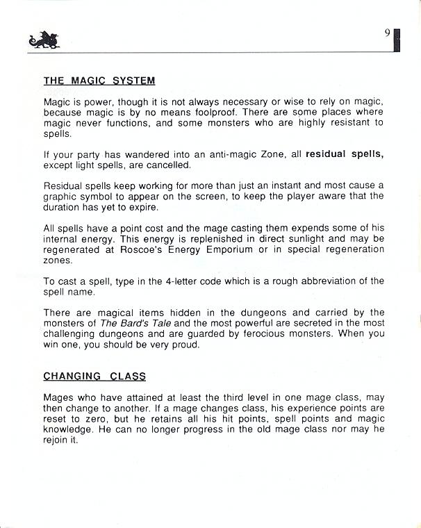 The Bard's Tale manual page 9