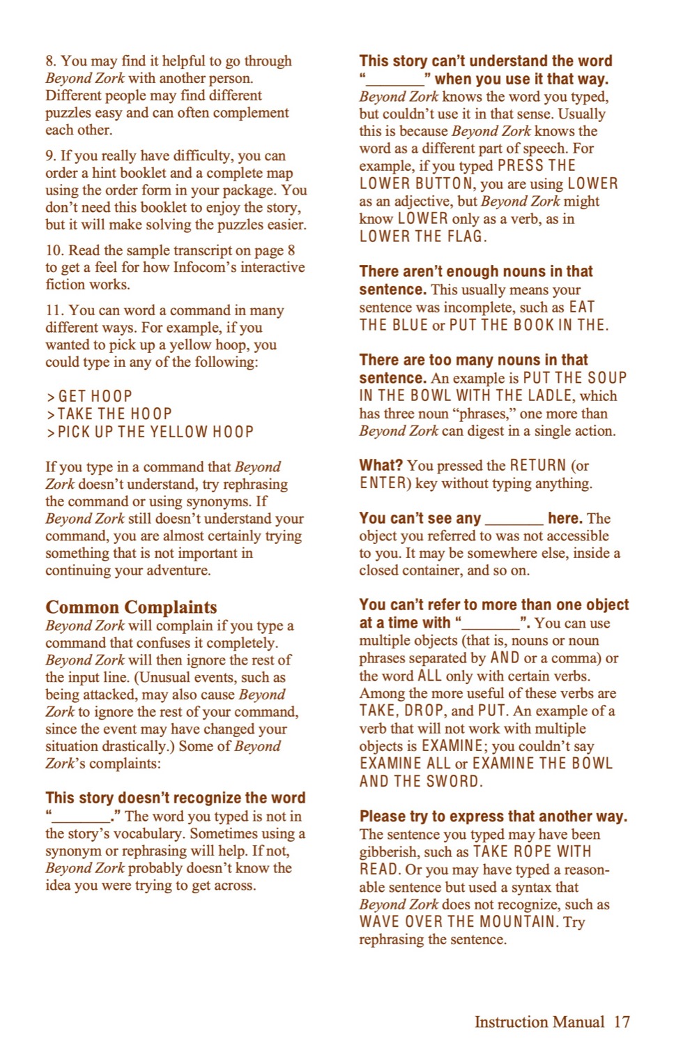 Beyond Zork Instruction manual page 17