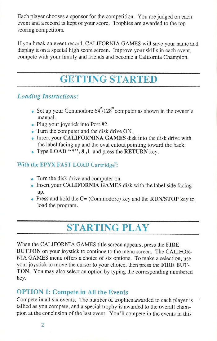 California Games Manual Page 2