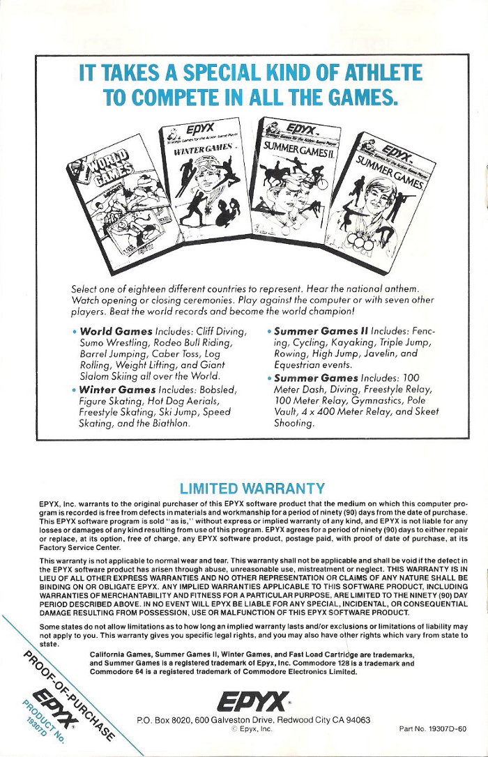 California Games Manual Back Cover