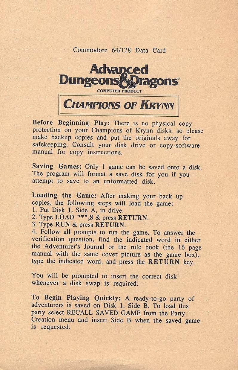 Champions of Krynn Commodore data card 1