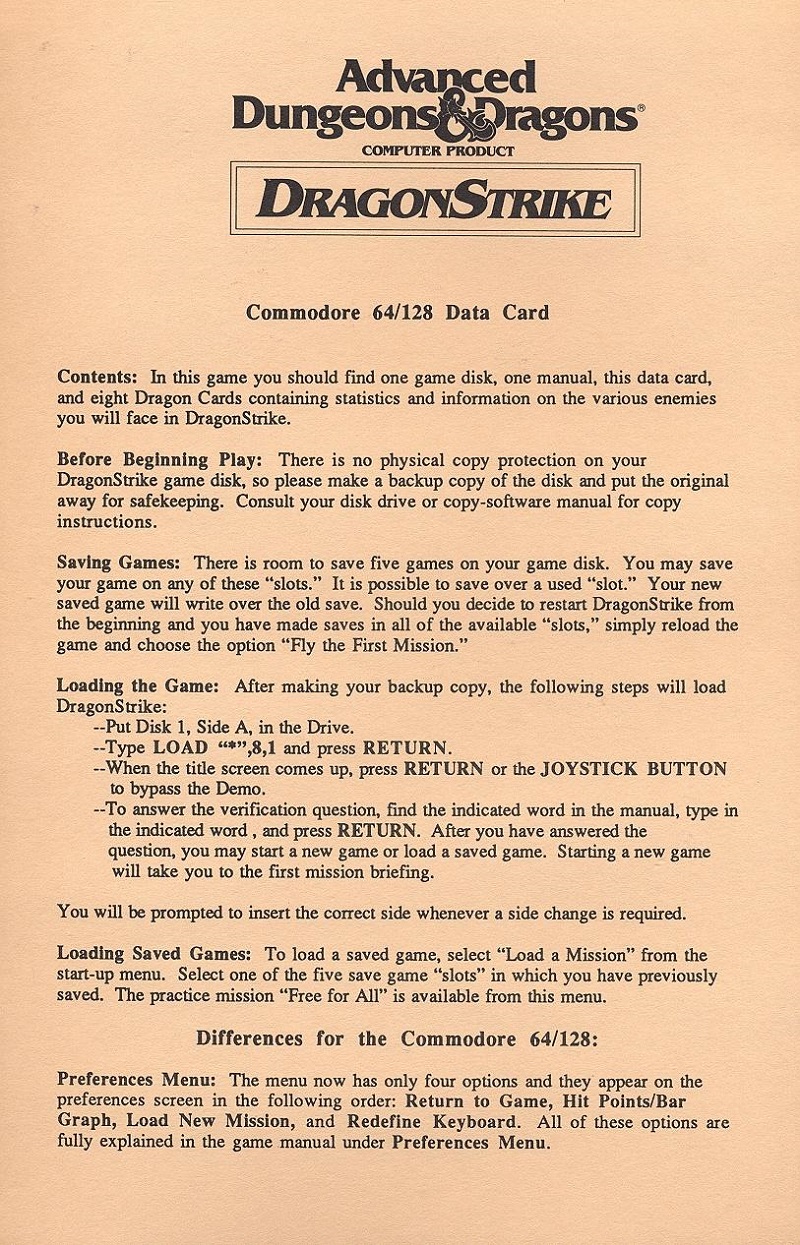 DragonStrike c64-128 data card front