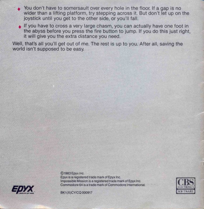 Impossible Mission Manual Back Cover