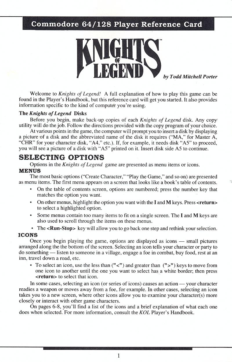 Knights of Legend players reference card page 1