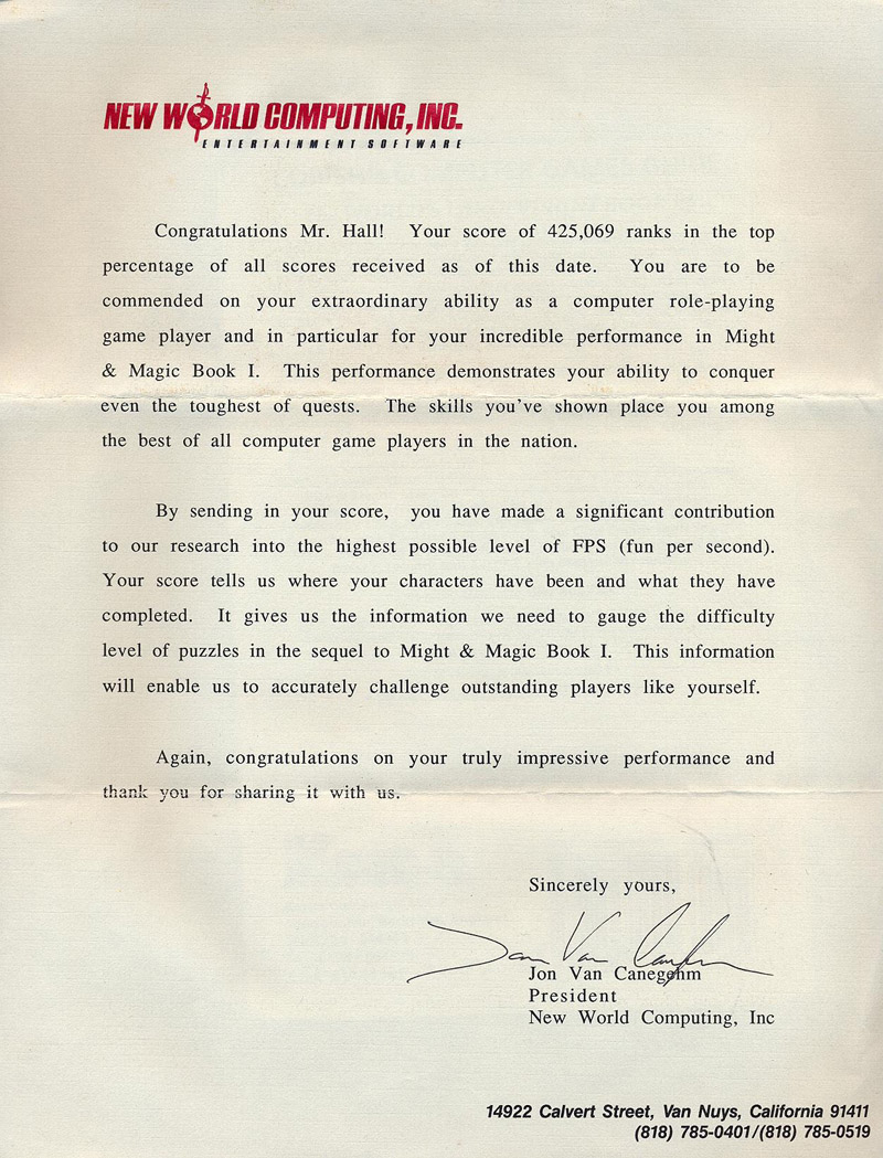 Might and Magic congratulation letter