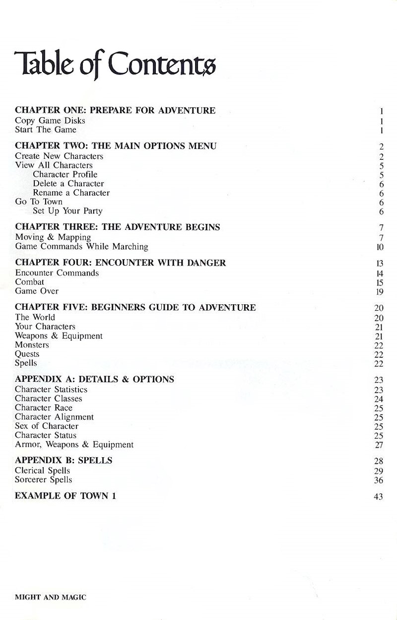 Might and Magic manual table of contents