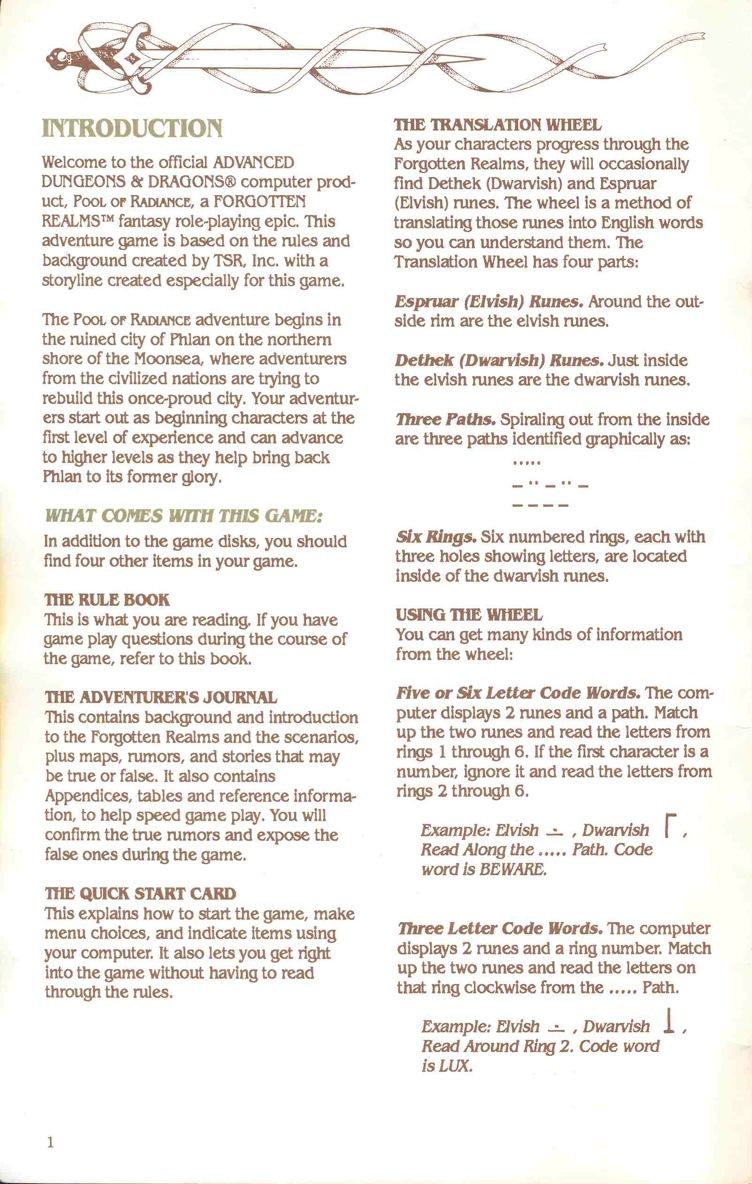 Pool of Radiance Manual Page 1