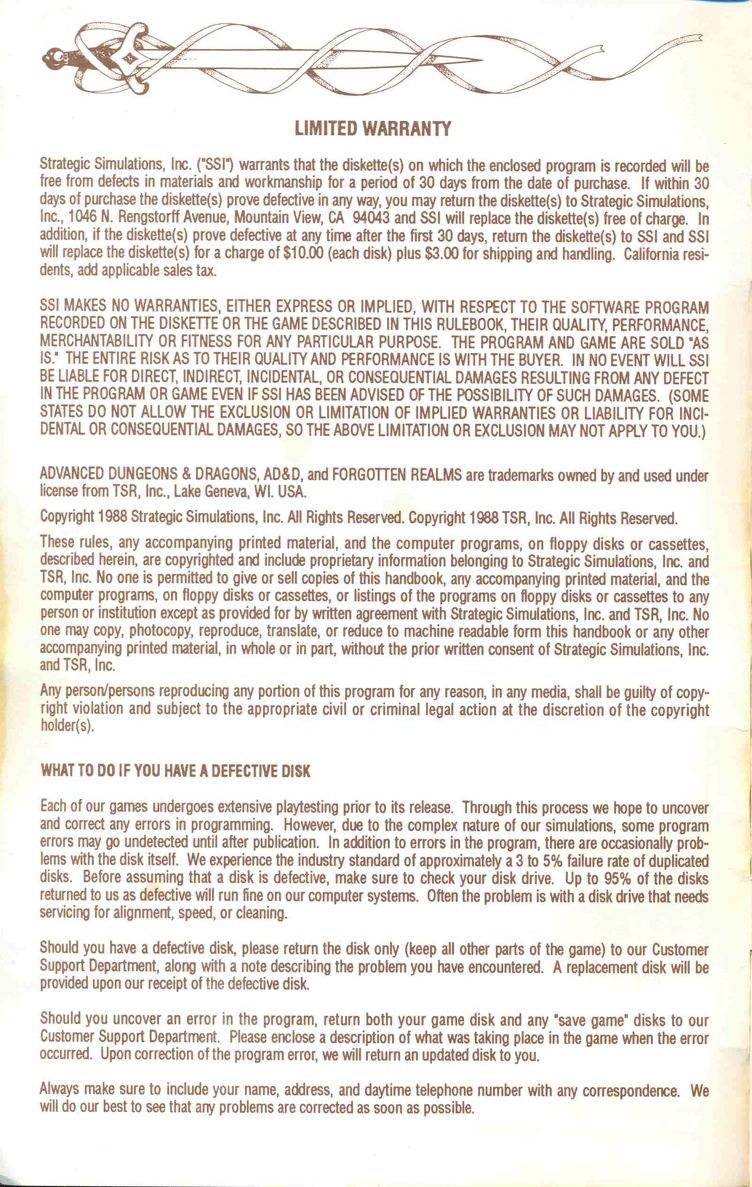 Pool of Radiance Manual Page i