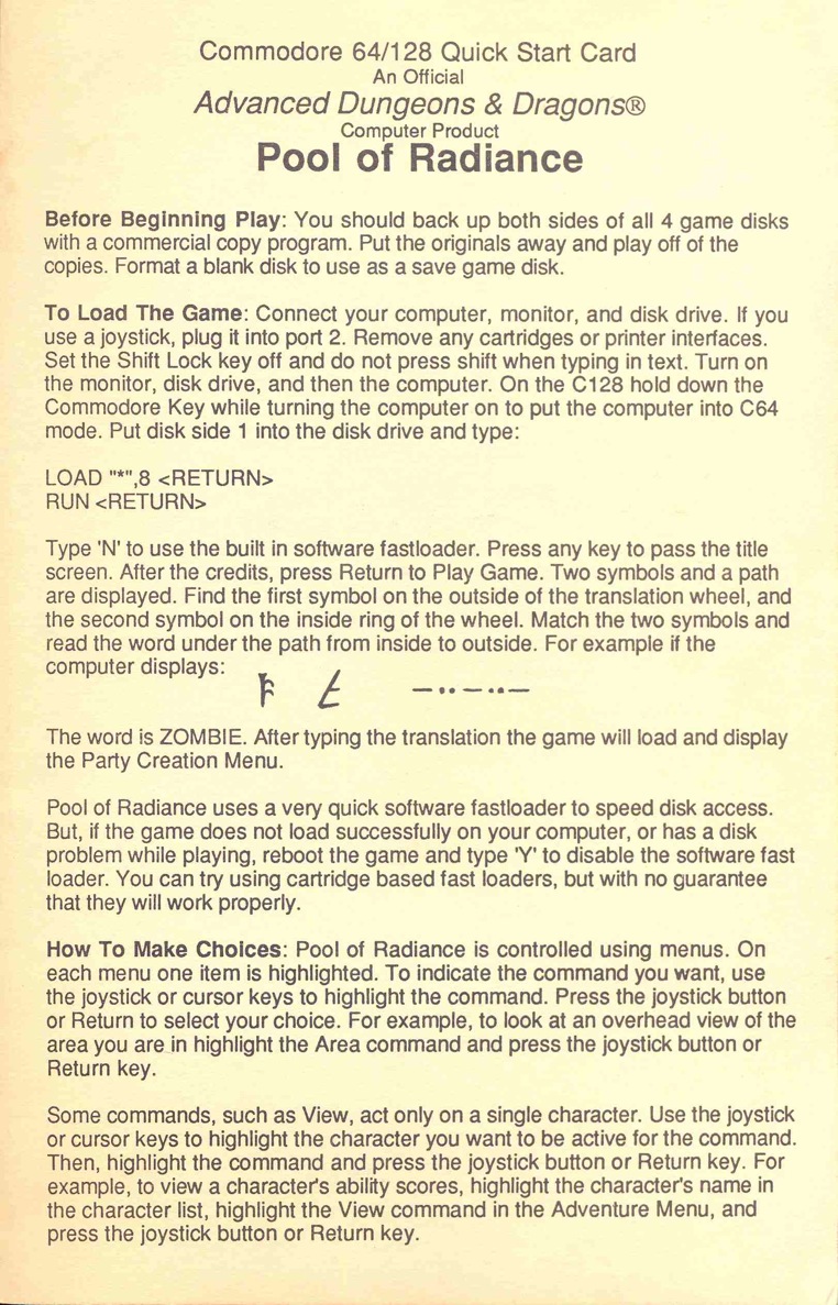 Pool of Radiance Quick Start Card Page 1