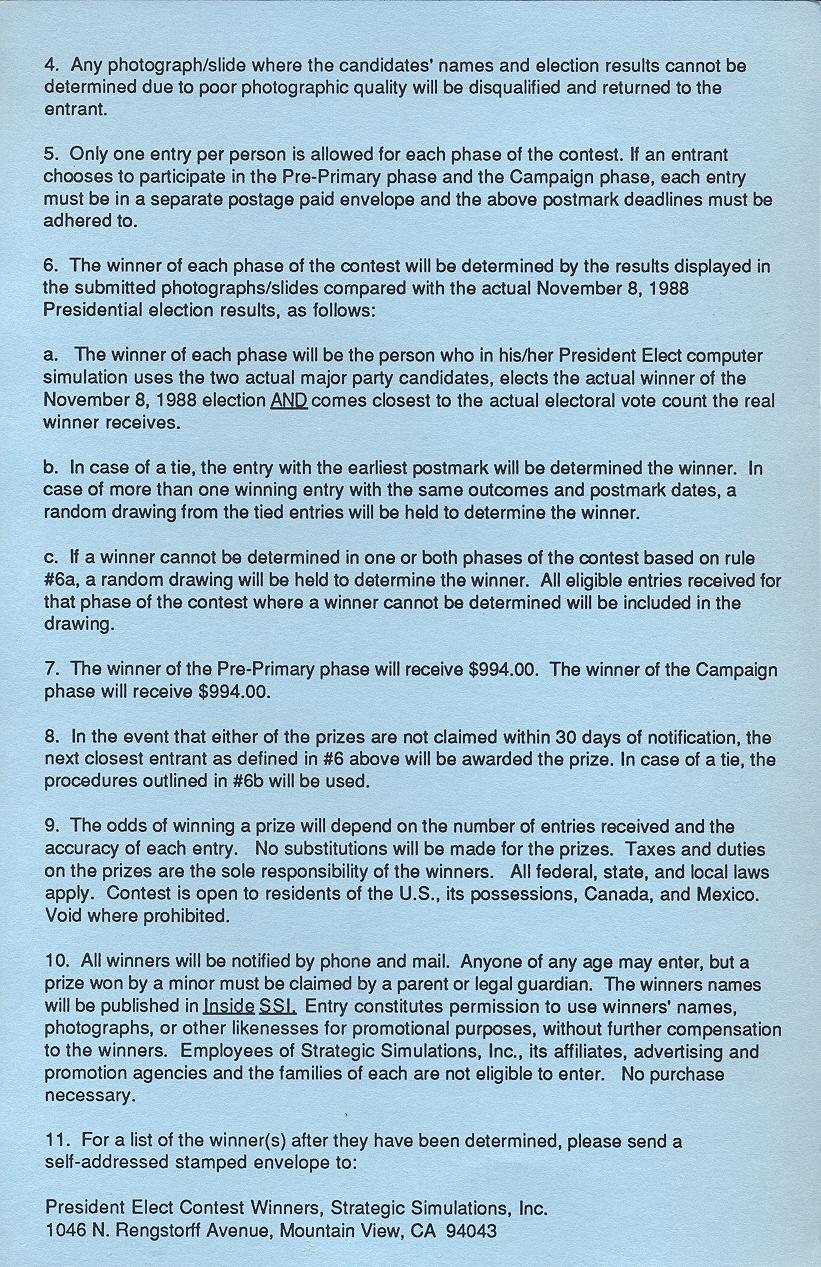 President Elect (1988 Edition) contest form back