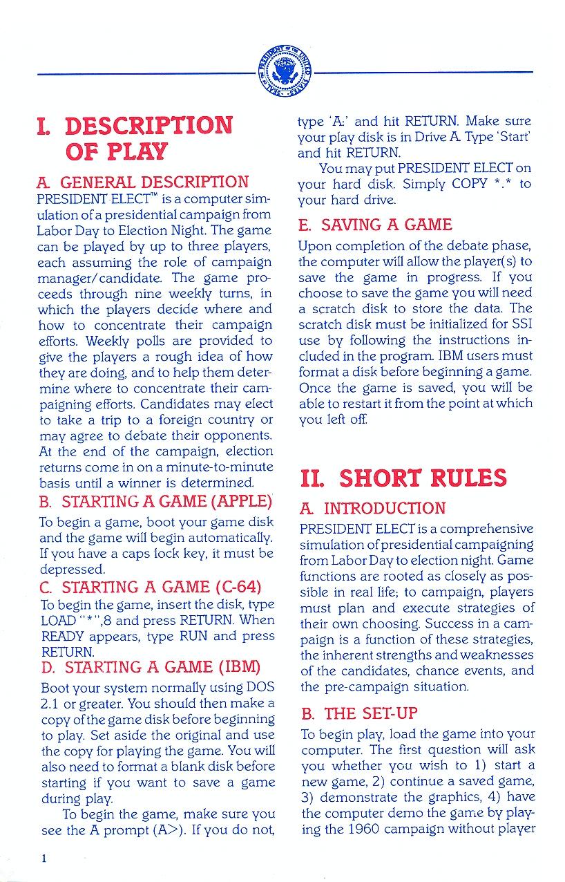 President Elect (1988 Edition) manual page 1