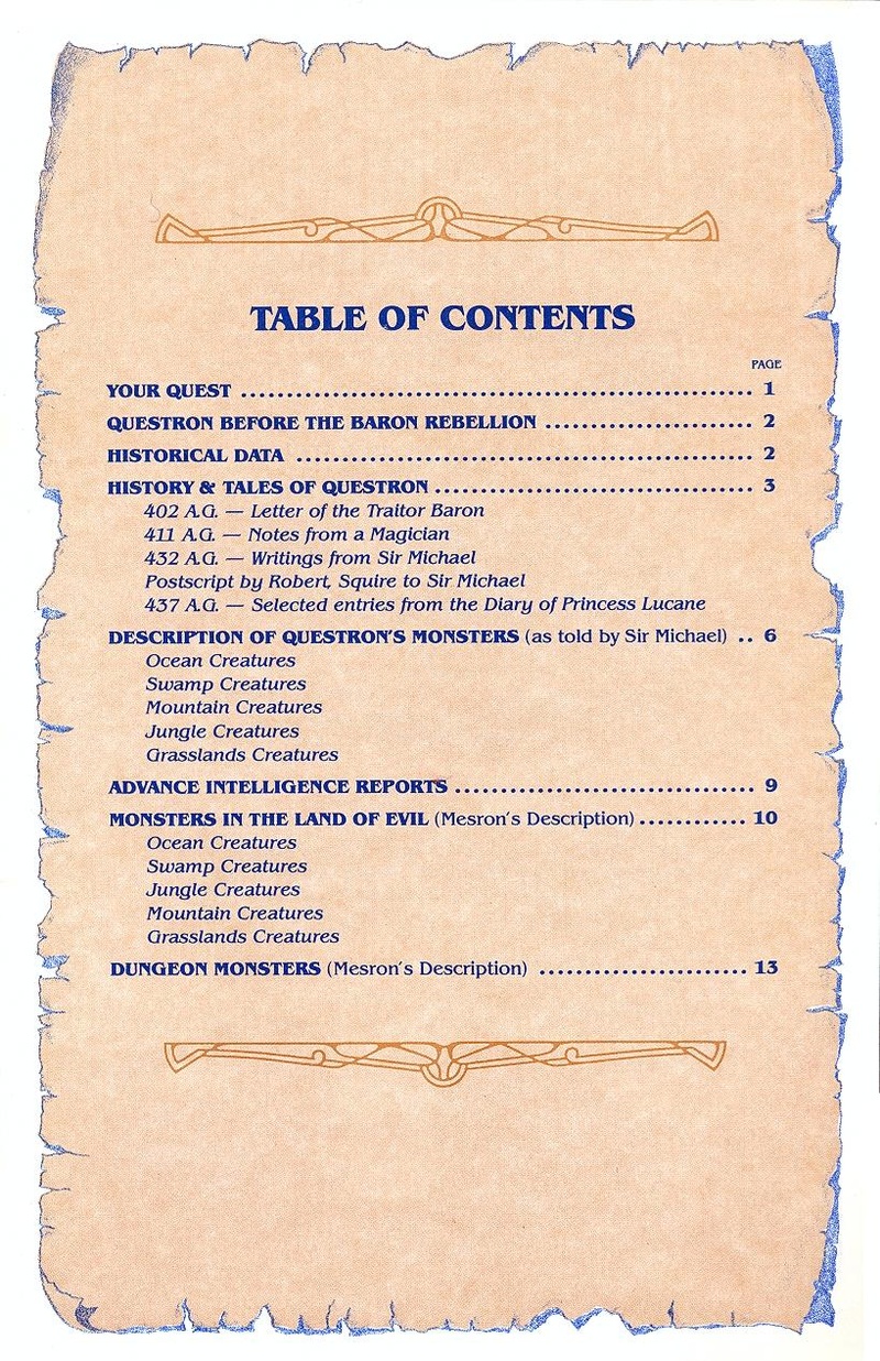 Questron manual table of contents