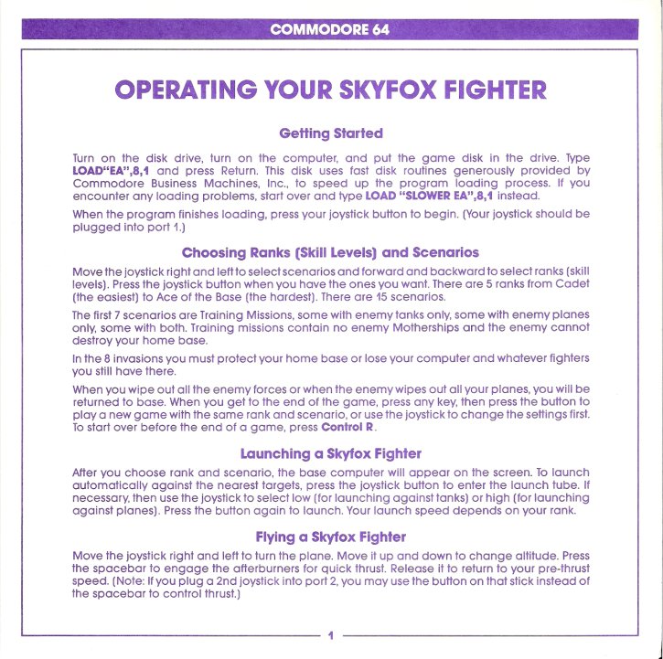 Skyfox Manual Page 1