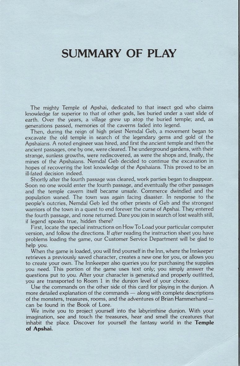 Temple of Apshai Summary of Play