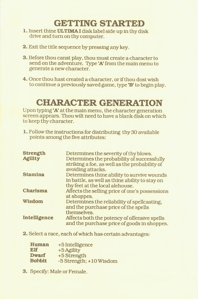 Ultima I player reference card page 2