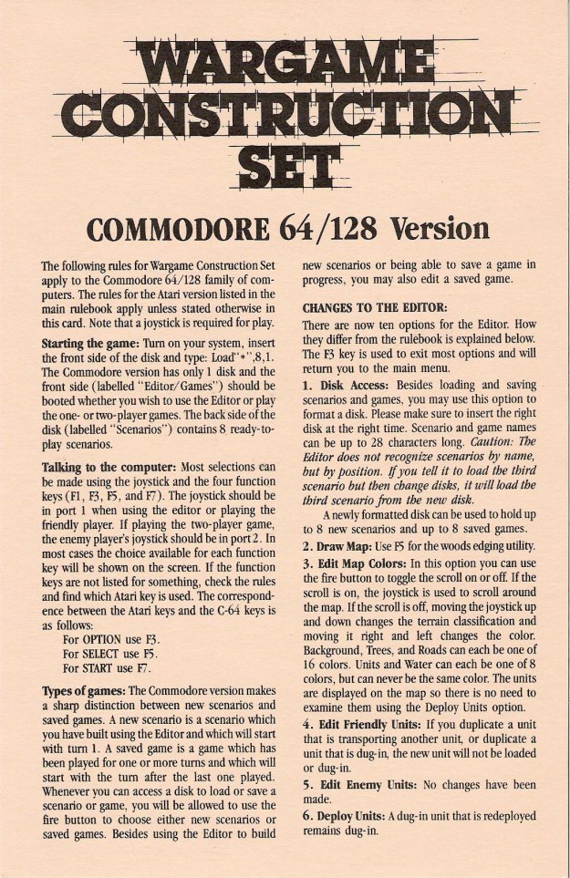 Wargame Construction Set Commodore 64 Instructions Page 1