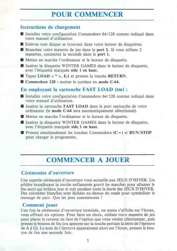 Winter Games Manual Page 1 (French)