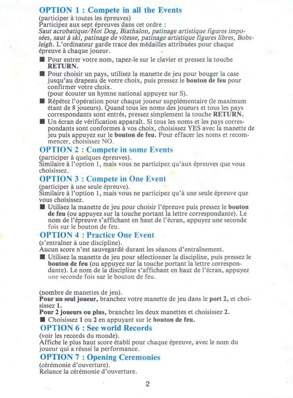 Winter Games Manual Page 2 (French)