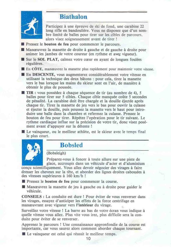 Winter Games Manual Page 10 (French)